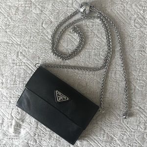 Prada Saffiano vintage leather flap bifold wallet on chain in black leather
